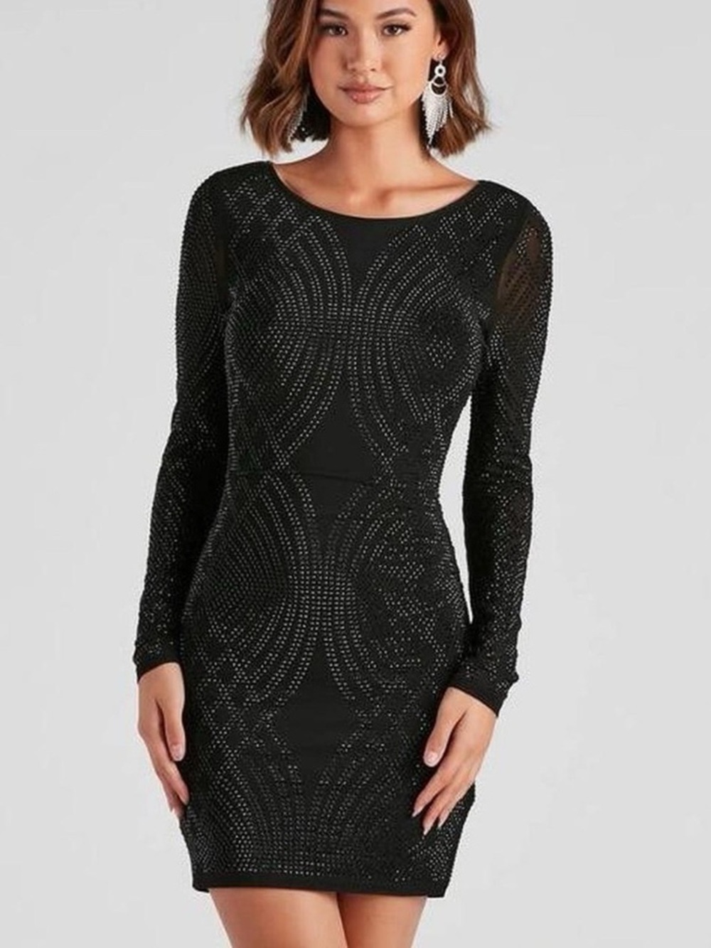 Windsor Black Long-Sleeve Beaded Bodycon Dress